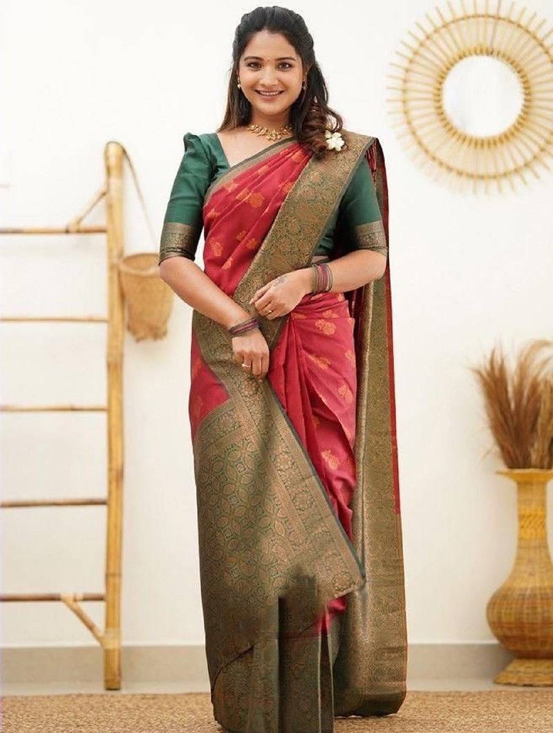 Red green soft silk blend banarasi jacuard work designer party wear saree with unstitched blouse piece