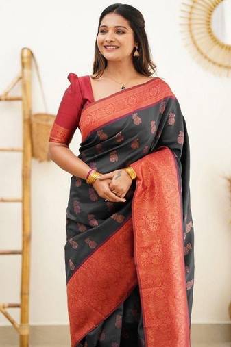 Black red soft silk blend banarasi jacuard work designer party wear saree with unstitched blouse piece