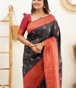 Black red soft silk blend banarasi jacuard work designer party wear saree with unstitched blouse piece