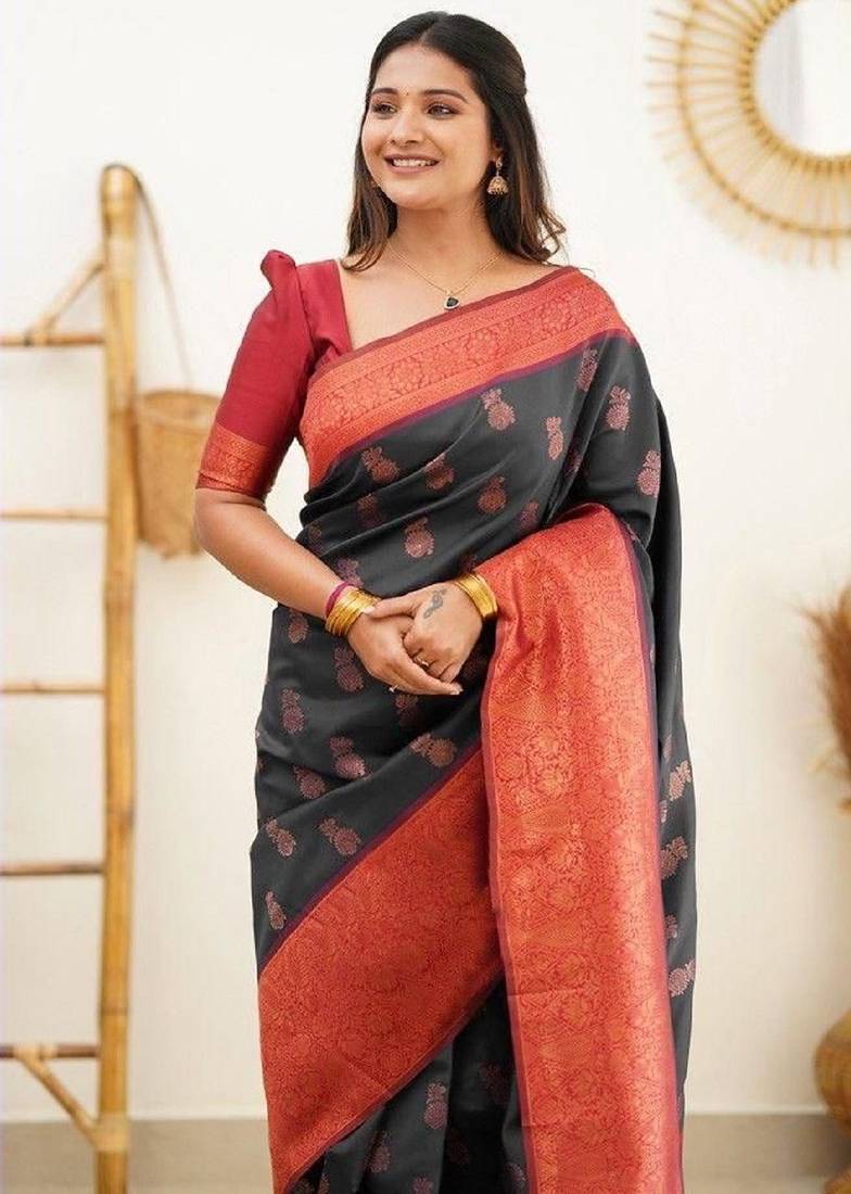 Black red soft silk blend banarasi jacuard work designer party wear saree with unstitched blouse piece