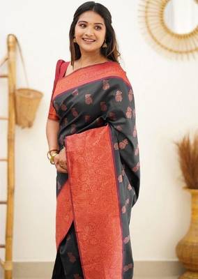 Black red silk blend banarasi saree with unstitched blouse piece 2