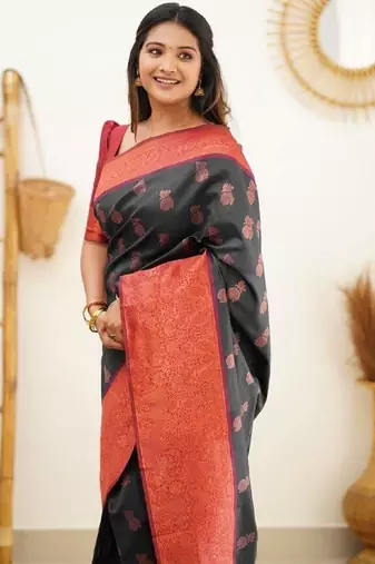 Black red silk blend banarasi saree with unstitched blouse piece