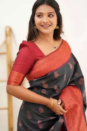 Black red silk blend banarasi saree with unstitched blouse piece