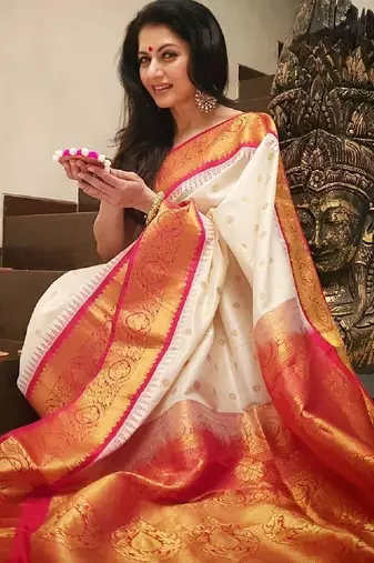 Off white red soft silk blend banarasi jacuard work designer party wear saree with unstitched blouse piece