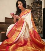 Off white red silk blend banarasi saree with unstitched blouse piece