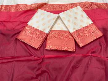 Off white red silk blend banarasi saree with unstitched blouse piece 4