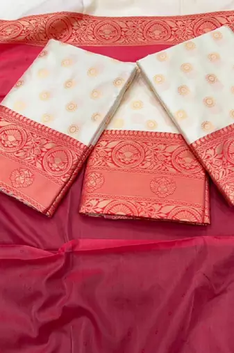Off white red silk blend banarasi saree with unstitched blouse piece