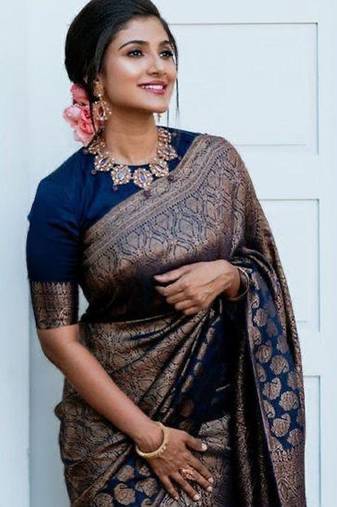 Blue soft silk blend banarasi jacuard work designer party wear saree with unstitched blouse piece