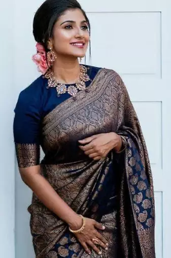 Blue soft silk blend banarasi jacuard work designer party wear saree with unstitched blouse piece