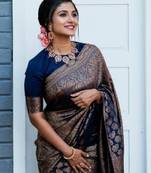 Blue silk blend banarasi saree with unstitched blouse piece