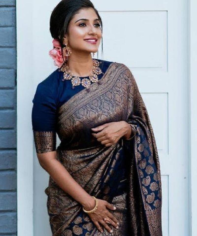 Blue soft silk blend banarasi jacuard work designer party wear saree with unstitched blouse piece