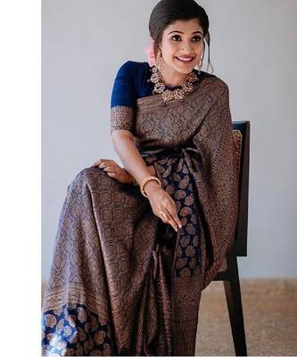 Blue silk blend banarasi saree with unstitched blouse piece 2