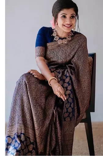 Blue silk blend banarasi saree with unstitched blouse piece