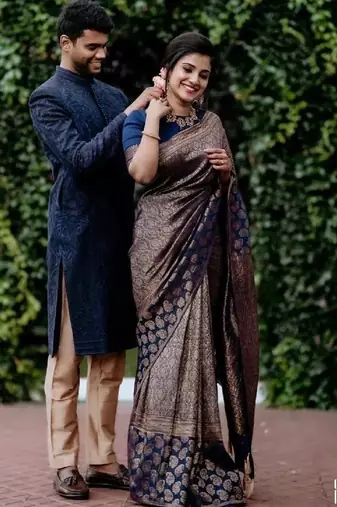 Blue silk blend banarasi saree with unstitched blouse piece