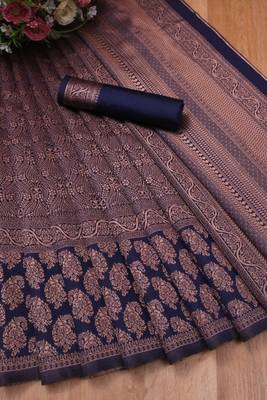 Blue silk blend banarasi saree with unstitched blouse piece 5