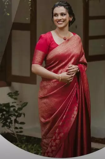 Red soft silk blend banarasi jacuard work designer party wear saree with unstitched blouse piece