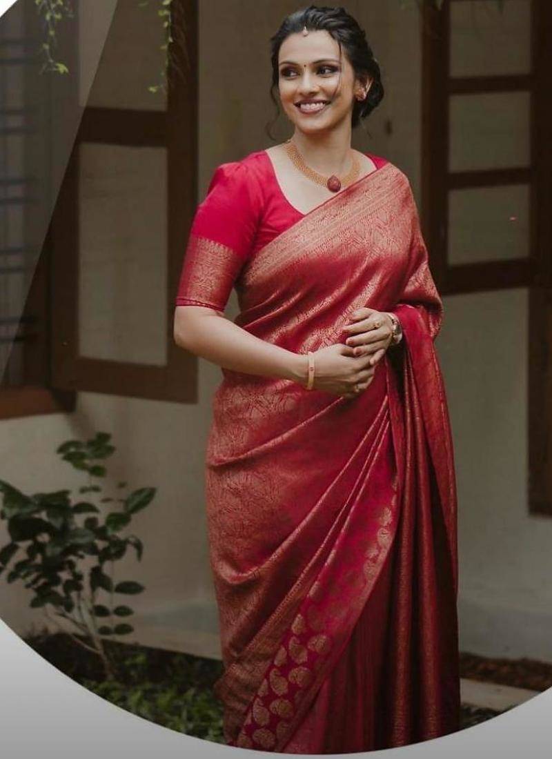 Red soft silk blend banarasi jacuard work designer party wear saree with unstitched blouse piece