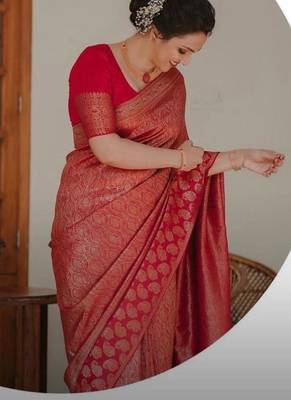 Red silk blend banarasi saree with unstitched blouse piece 2