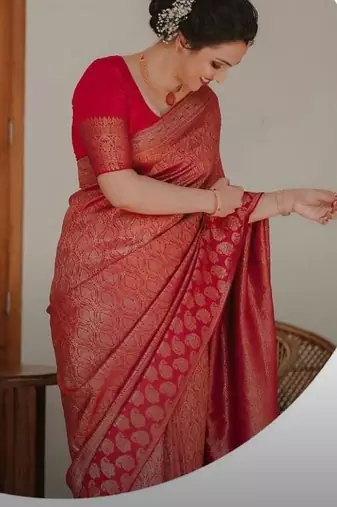 Red silk blend banarasi saree with unstitched blouse piece