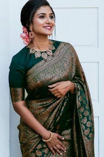 Green soft silk blend banarasi jacuard work designer party wear saree with unstitched blouse piece