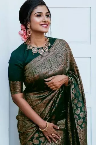 Green soft silk blend banarasi jacuard work designer party wear saree with unstitched blouse piece