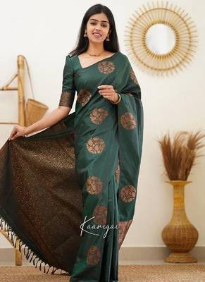 Green silk blend banarasi saree with unstitched blouse piece 1