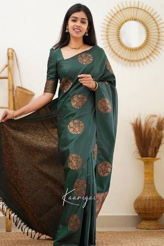 Green soft silk blend banarasi jacuard work designer party wear saree with unstitched blouse piece