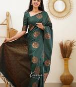 Green silk blend banarasi saree with unstitched blouse piece