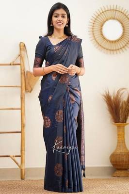 Blue silk blend banarasi saree with unstitched blouse piece 1