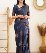 Blue silk blend banarasi saree with unstitched blouse piece