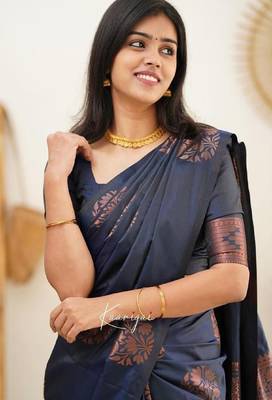 Blue silk blend banarasi saree with unstitched blouse piece 2
