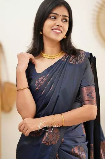 Blue silk blend banarasi saree with unstitched blouse piece