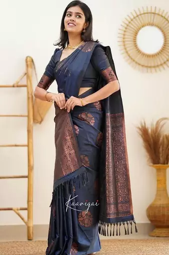 Blue silk blend banarasi saree with unstitched blouse piece