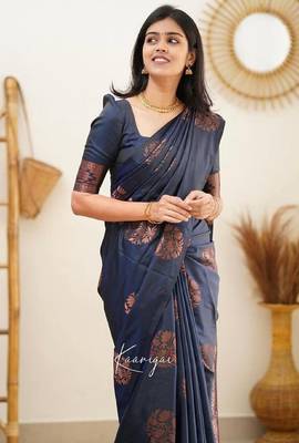 Blue silk blend banarasi saree with unstitched blouse piece 4