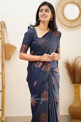 Blue silk blend banarasi saree with unstitched blouse piece