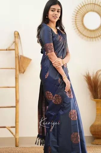 Blue silk blend banarasi saree with unstitched blouse piece