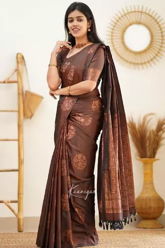 Brown soft silk blend banarasi jacuard work designer party wear saree with unstitched blouse piece