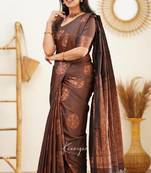 Brown silk blend banarasi saree with unstitched blouse piece