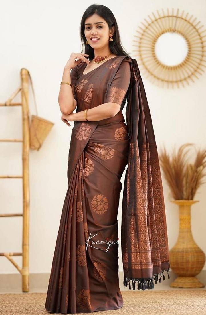 Brown soft silk blend banarasi jacuard work designer party wear saree with unstitched blouse piece