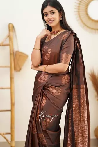 Brown silk blend banarasi saree with unstitched blouse piece