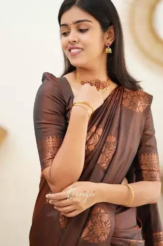 Brown silk blend banarasi saree with unstitched blouse piece