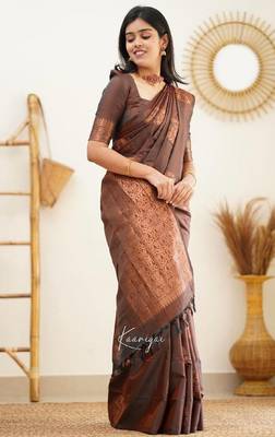 Brown silk blend banarasi saree with unstitched blouse piece 4