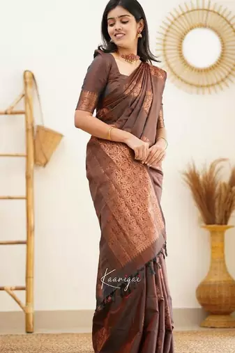 Brown silk blend banarasi saree with unstitched blouse piece