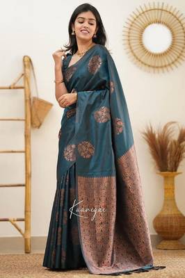 Turquoise silk blend banarasi saree with unstitched blouse piece 1