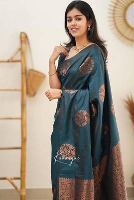 Turquoise silk blend banarasi saree with unstitched blouse piece 3