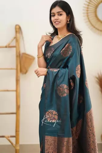 Turquoise silk blend banarasi saree with unstitched blouse piece