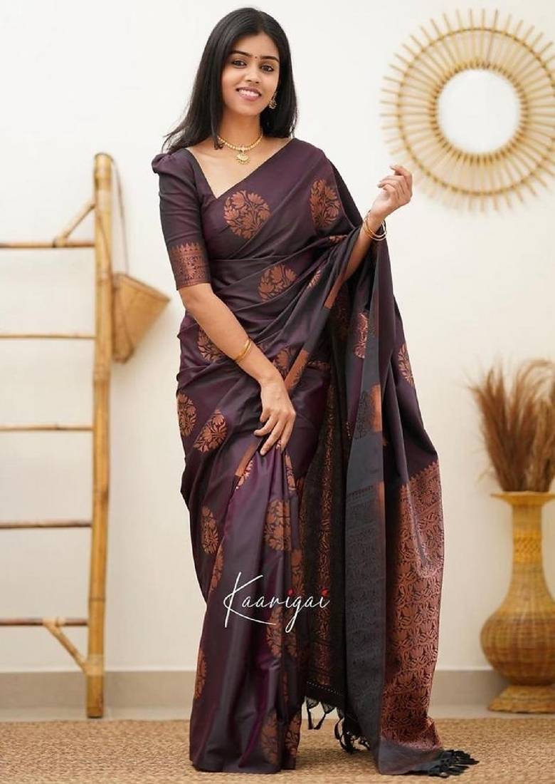 Wine soft silk blend banarasi jacuard work designer party wear saree with unstitched blouse piece