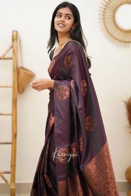 Wine silk blend banarasi saree with unstitched blouse piece 2