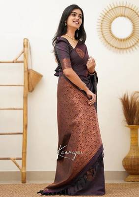 Wine silk blend banarasi saree with unstitched blouse piece 3