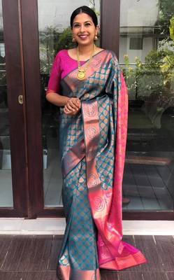 Turquoise silk blend banarasi saree with unstitched blouse piece 1